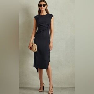Reiss Francesca Bodycon Ruched Midi Dress Size 10 Navy Asymmetric Hem Business